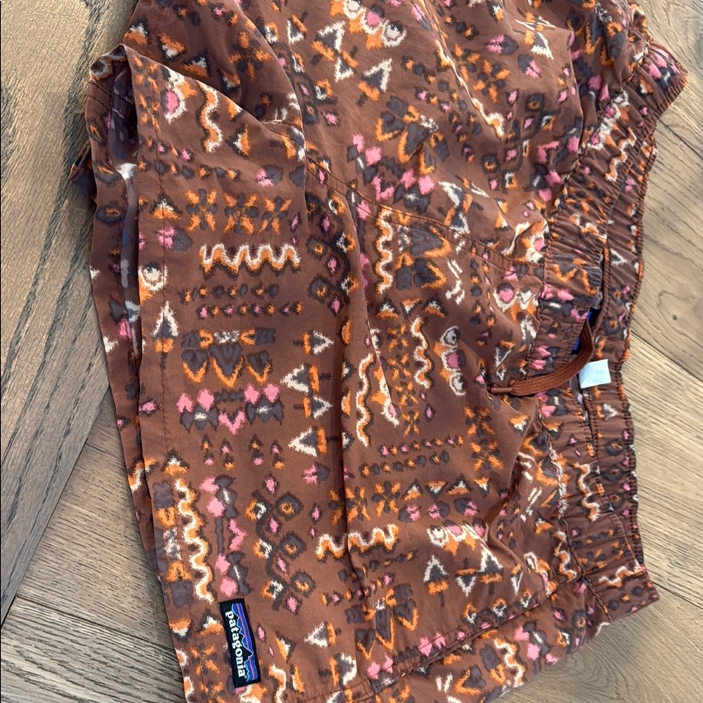 Patagonia Athletic Shorts Brown and Pink Geometric Design